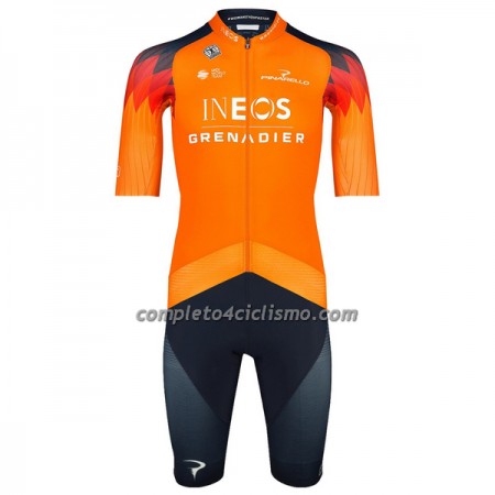 Completo Maglia + Pantaloncino con bretelle 2023 INEOS Grenadiers Manica Corta Arancio Blu Scuro
